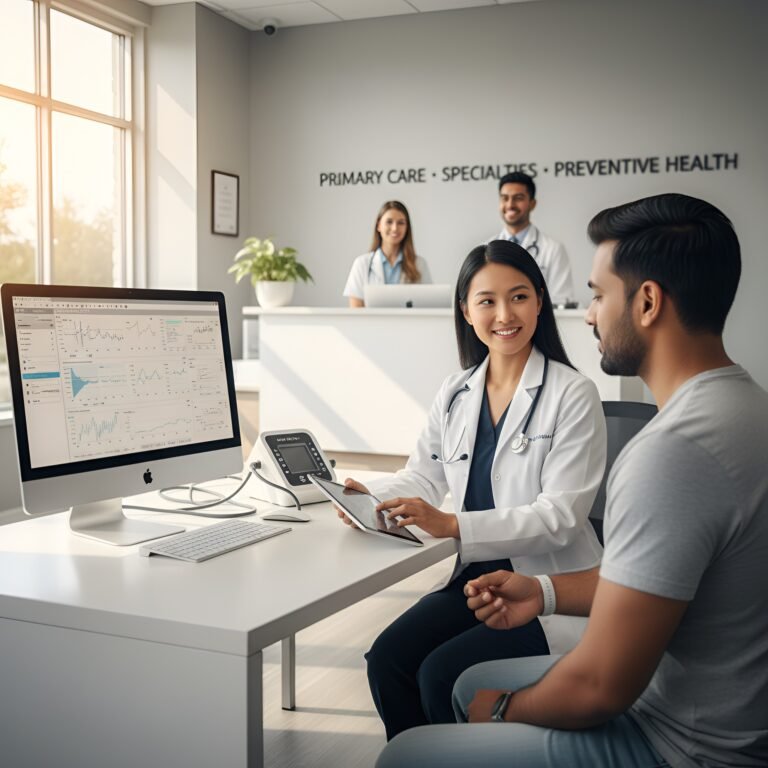 A doctor in a white coat uses a tablet at a desk with a computer, while a patient in a gray shirt listens attentively.