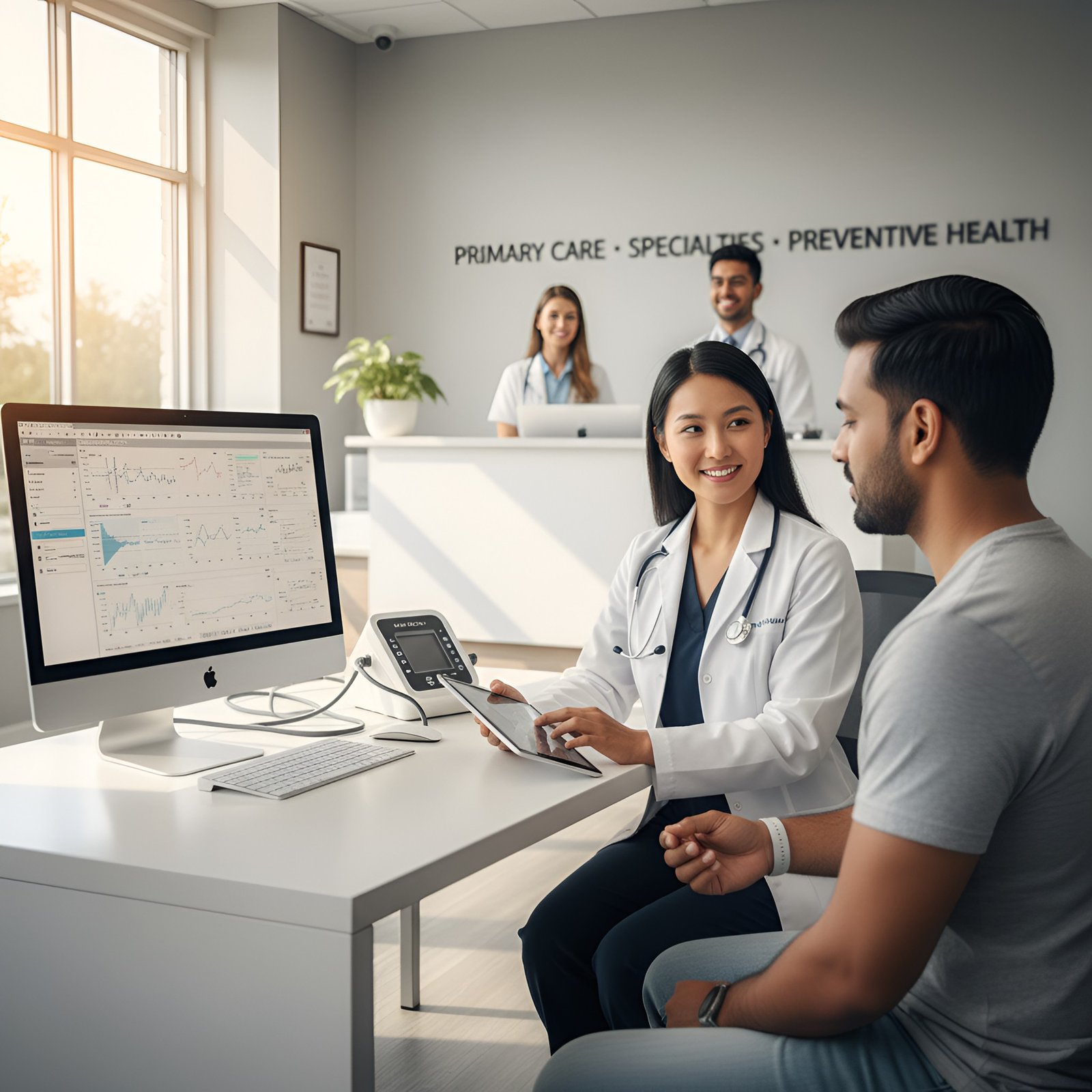 A doctor in a white coat uses a tablet at a desk with a computer, while a patient in a gray shirt listens attentively.
