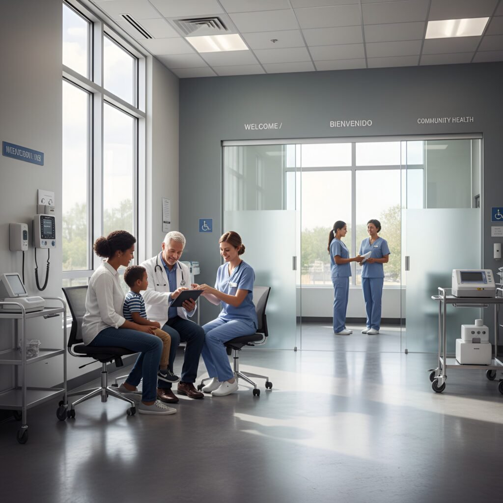 A medical consultation room with chairs, a doctor in a white coat, a family, and nurses in blue scrubs.