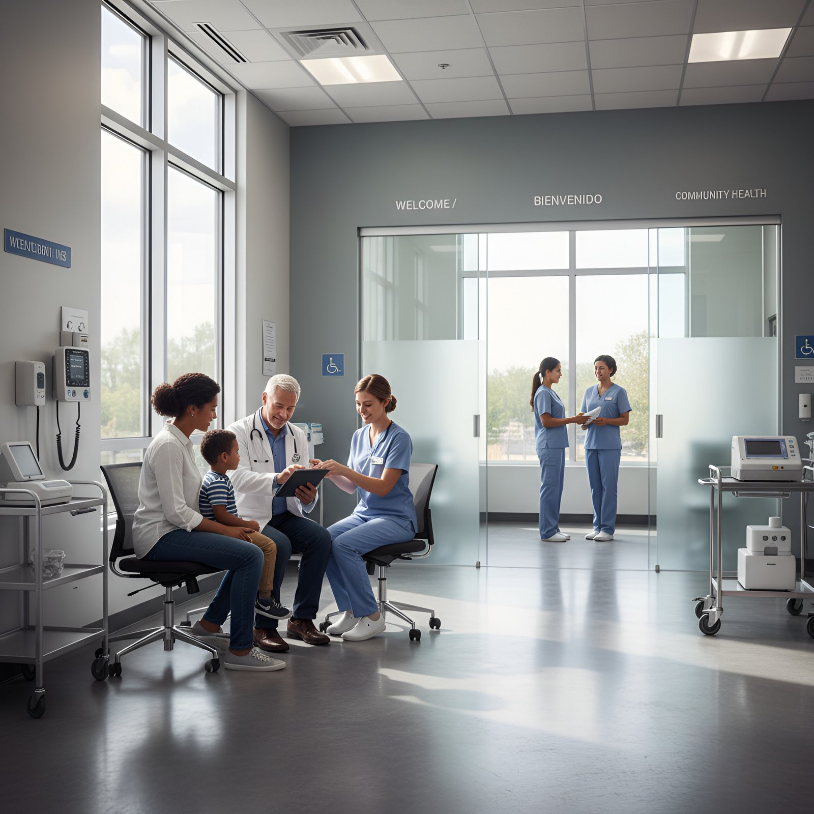 A medical consultation room with chairs, a doctor in a white coat, a family, and nurses in blue scrubs.