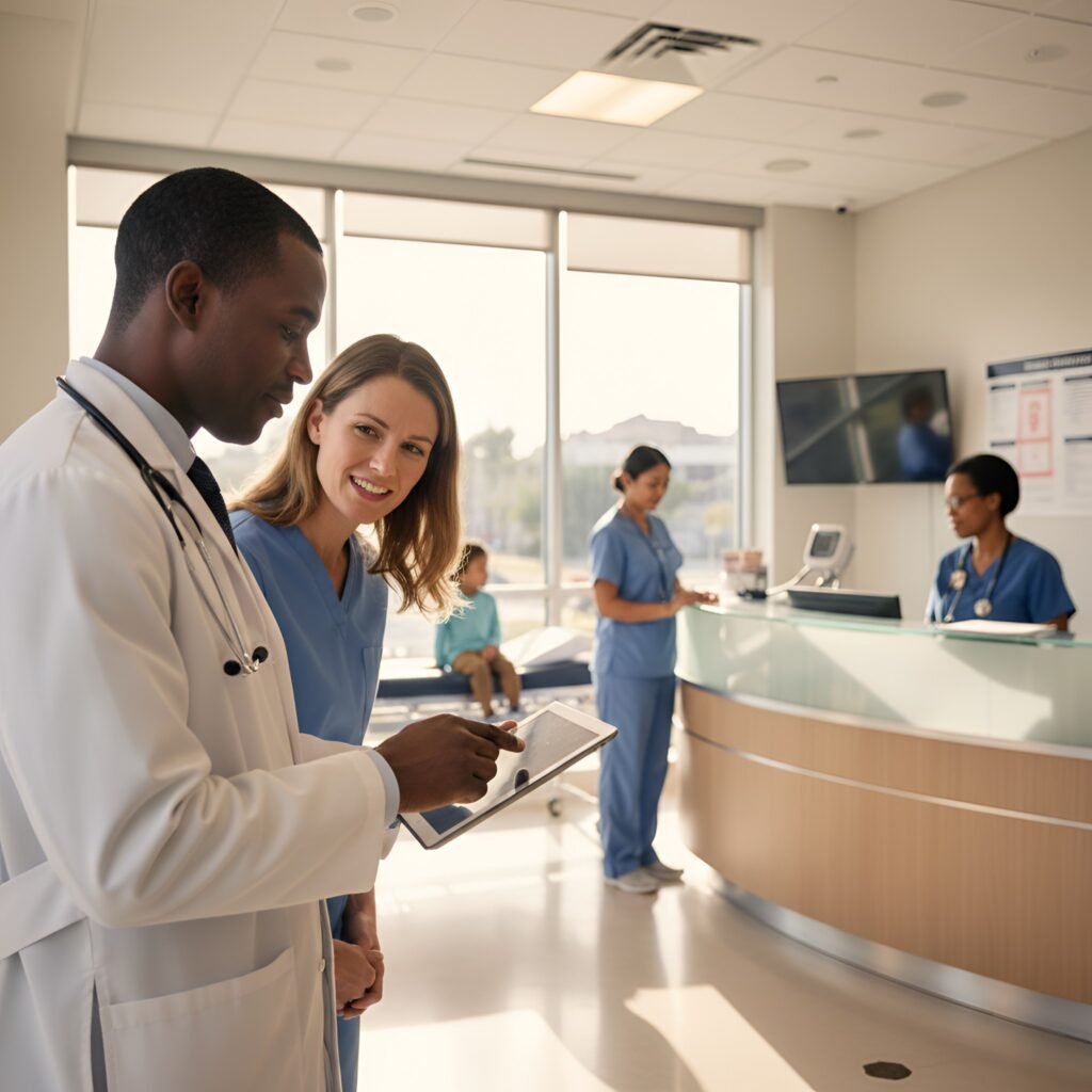 Two healthcare professionals discussing on a tablet in a modern clinic with light-colored walls and furniture.