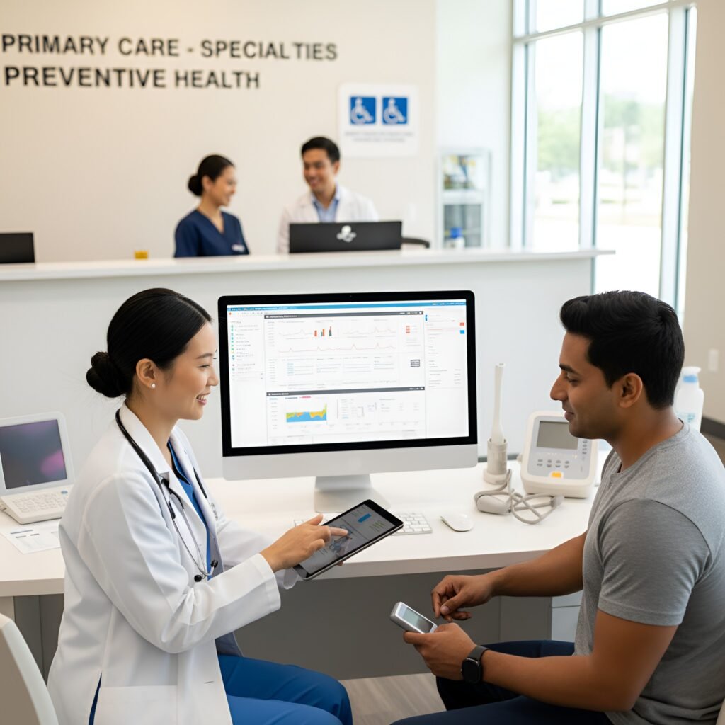 A doctor in a white coat uses a tablet to discuss health data with a patient in a gray shirt, in a modern clinic.
