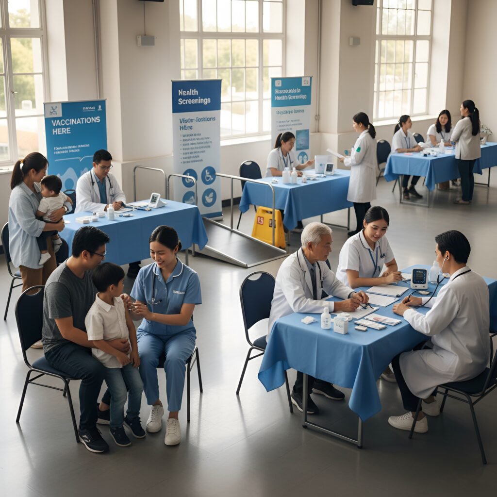 Health screening event with blue tables, medical staff in white coats, and families receiving care.