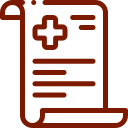 Medical prescription scroll icon in brown color, featuring a cross symbol and lines for text.