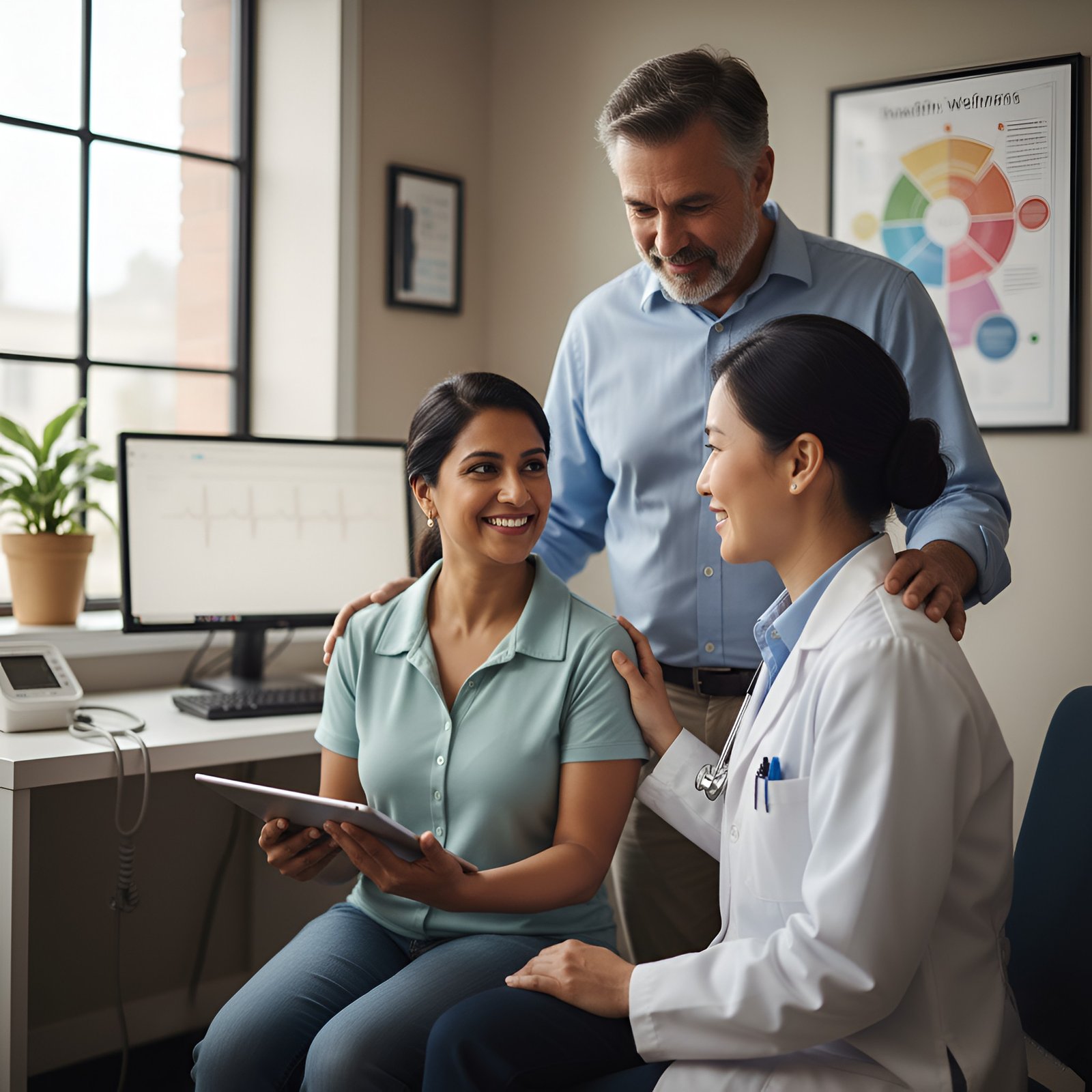 A doctor in a white coat and a patient in a light blue shirt smile while discussing a tablet in a bright office.