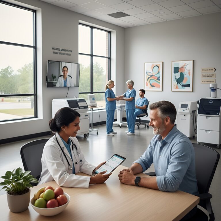 A doctor in a white coat shows a tablet to a patient at a wooden table, with green apples and a modern clinic background.
