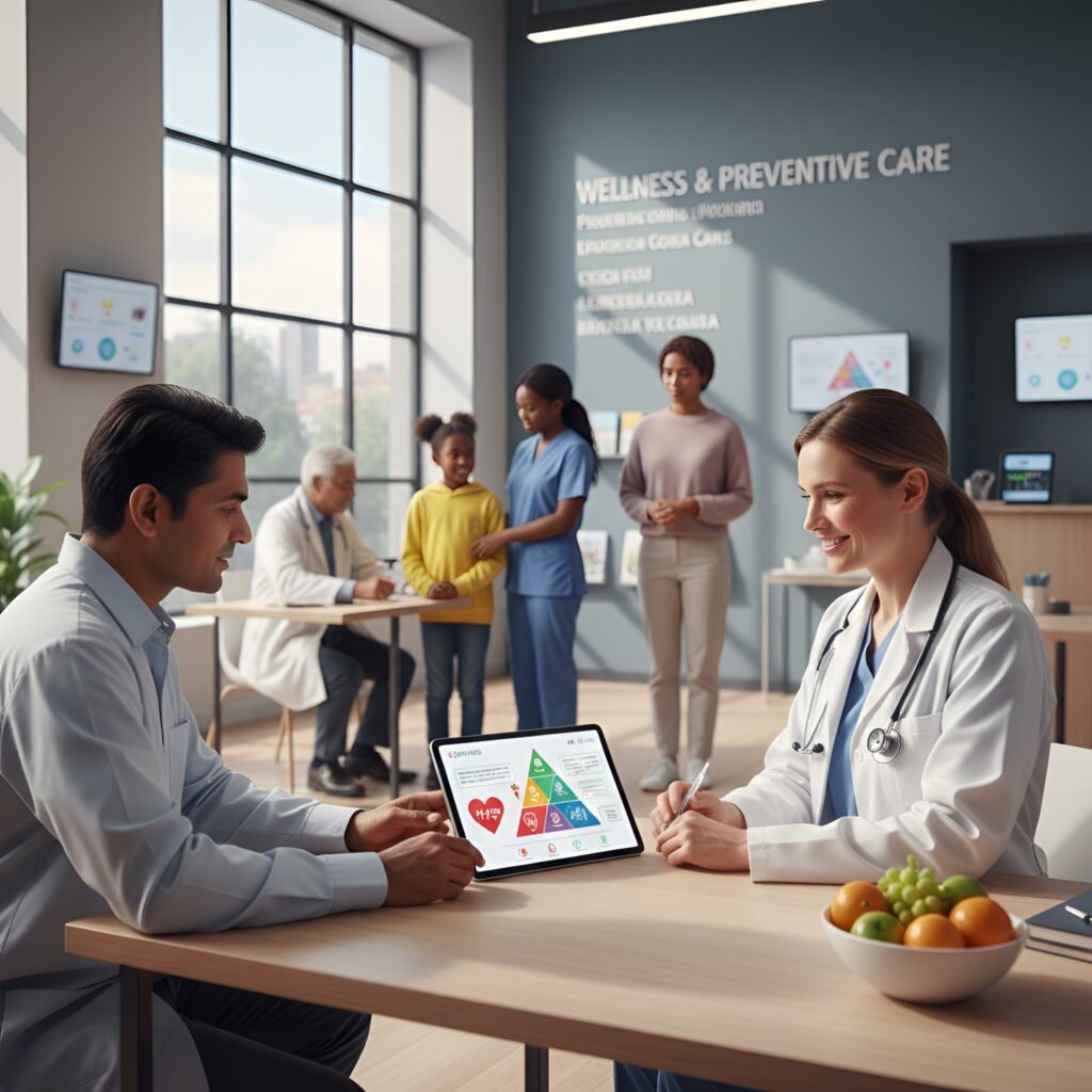 A doctor and patient discussing on a tablet in a bright clinic with fruits in a bowl, featuring a modern design.