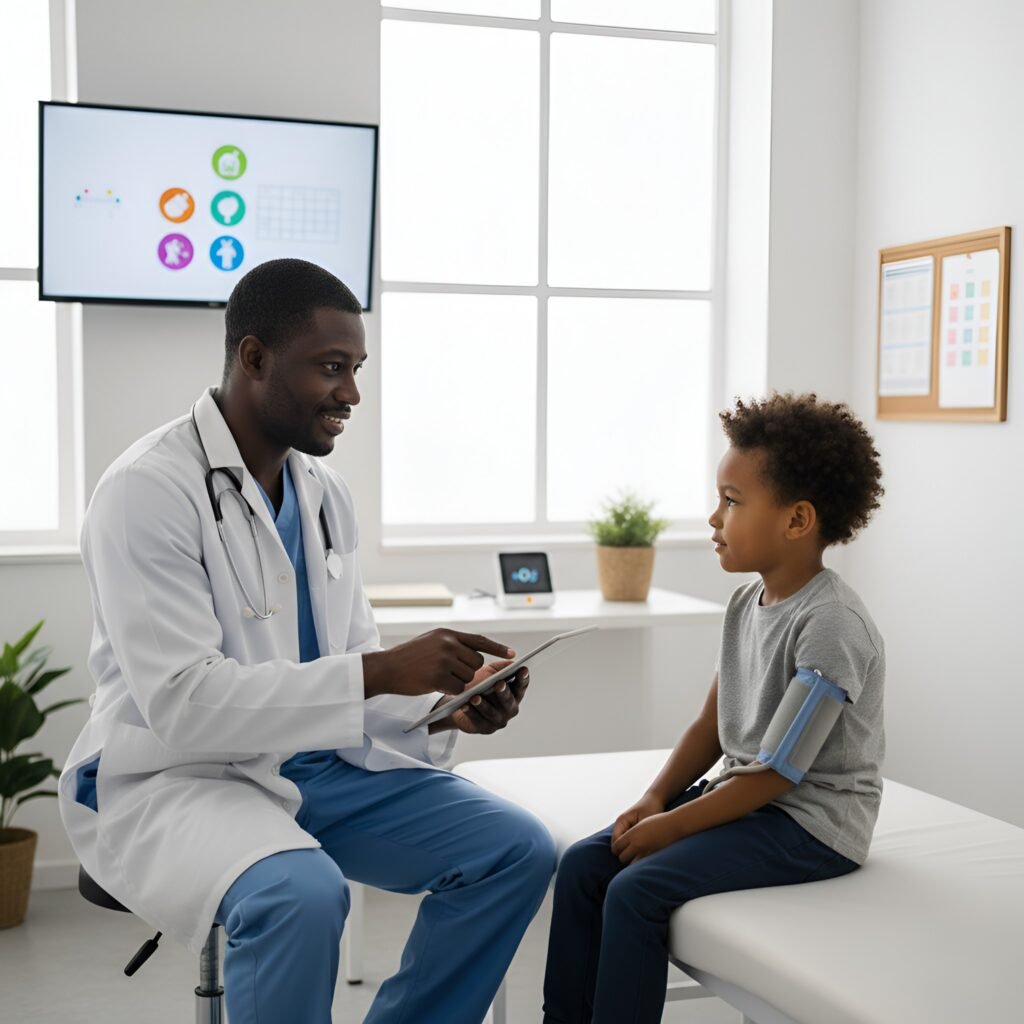 Doctor in white coat using a tablet with a child in gray shirt and blue pants in a bright medical office.