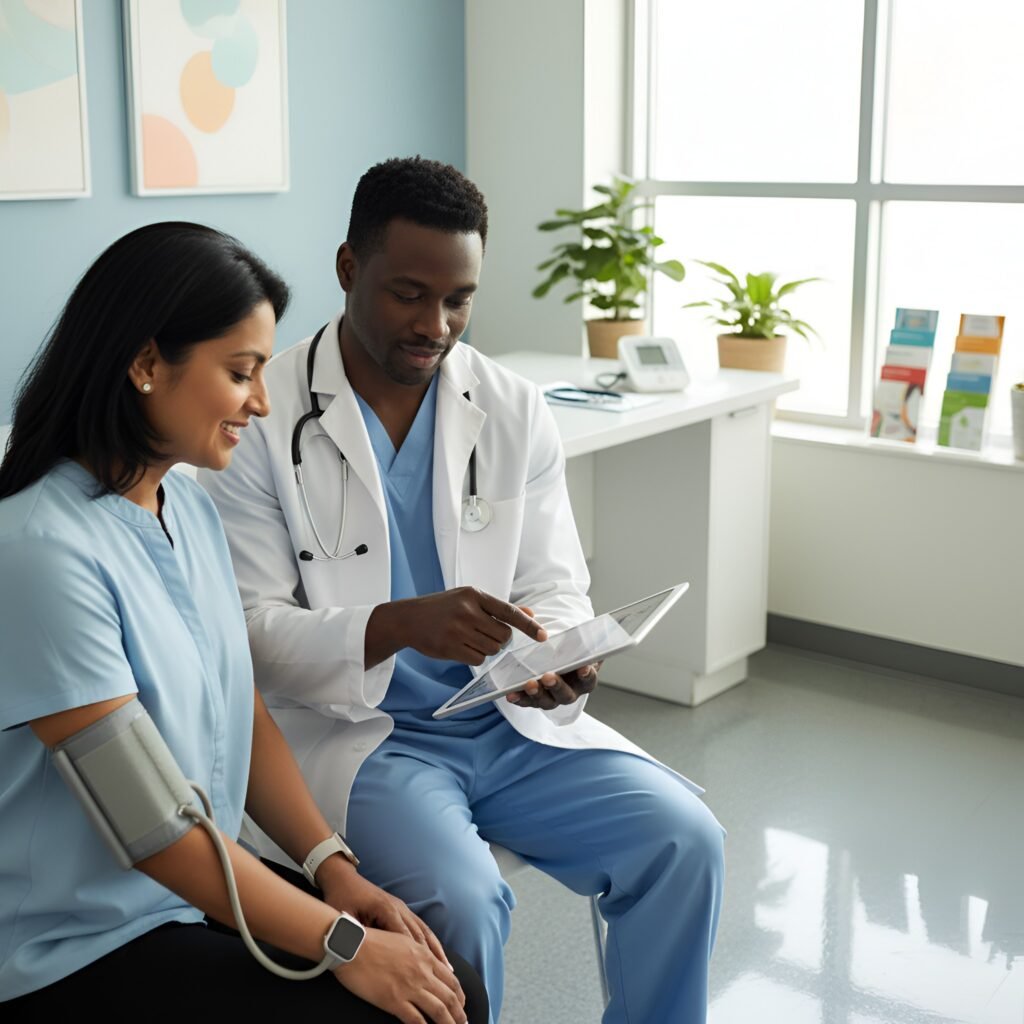 Doctor in white coat and patient in blue top discussing on a tablet in a bright medical office.